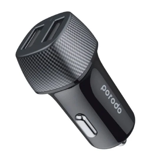 Porodo Dual Port Car Charger 3.4A With 0.9m Lightning Cable - Black